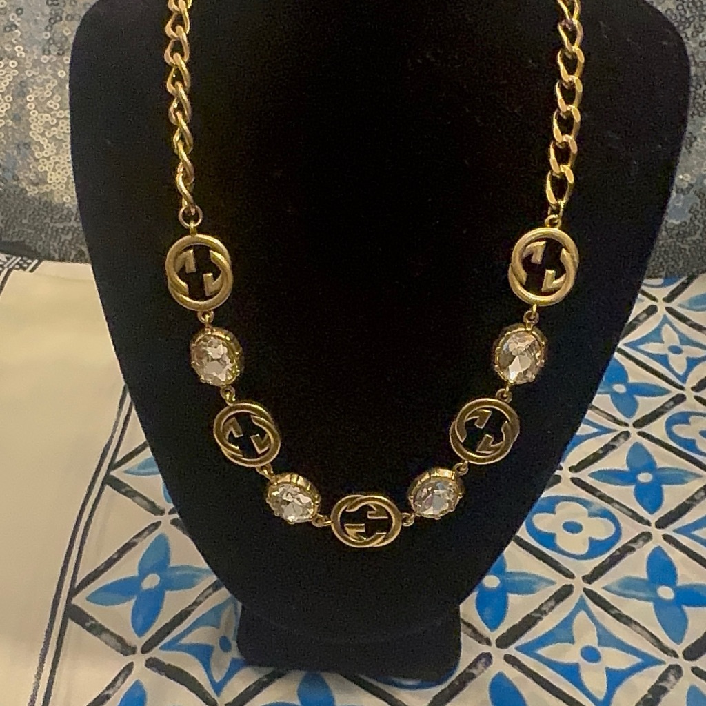 Gucci Marmont Gold-Tone Statement Necklace With Clear Crystal Accents 498$